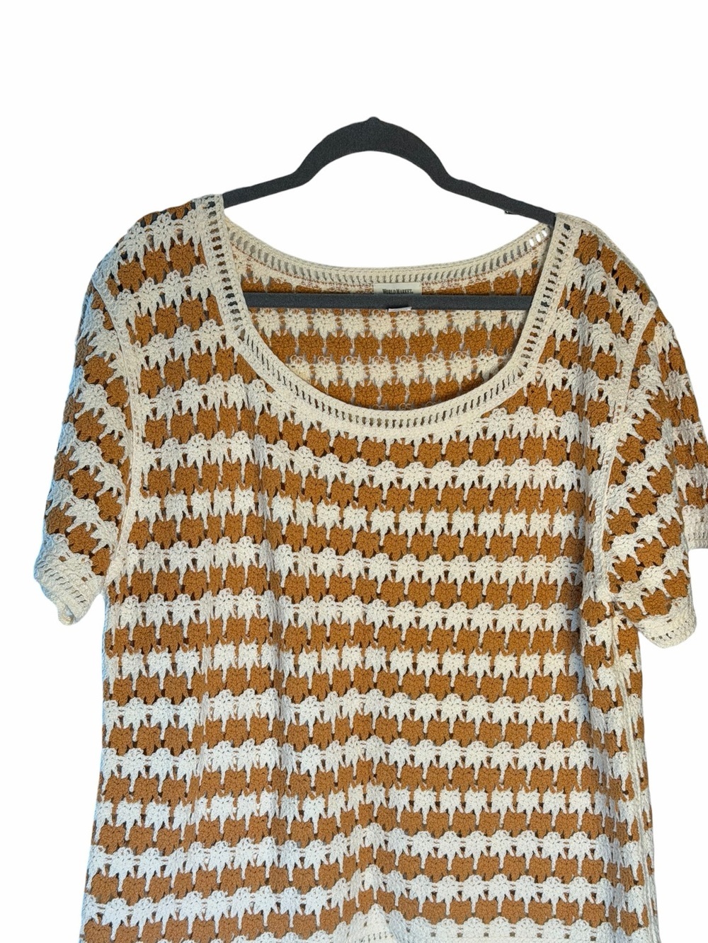 World Market Open-Knit Crocheted Short Sleeve Sweater